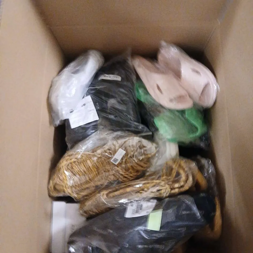 LARGE BOX OF APPROX 12 ASSORTED SHOES IN VARIOUS COLOUR, STYLE AND SIZES