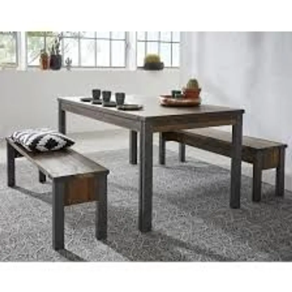 BRAND NEW BOXED MERANO DINING TABLE IN OLD WOOD MATERA GREY LEGS WITH 2 BENCHES (4 BOXES)