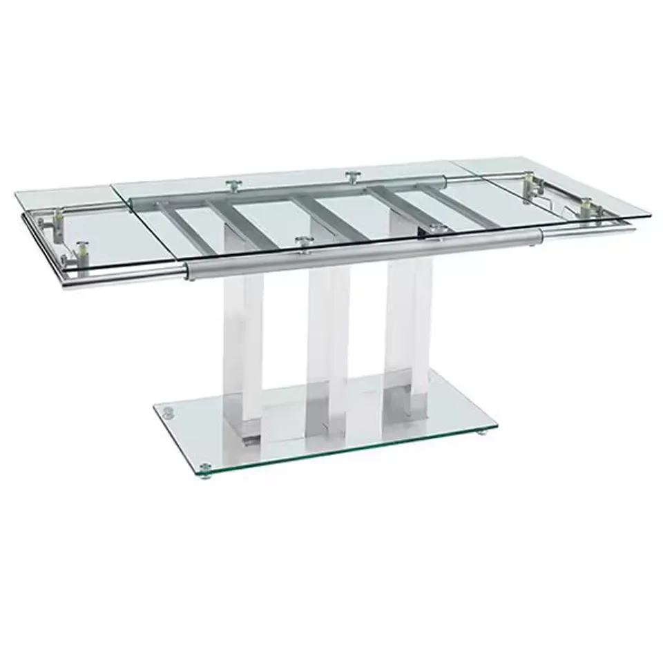BOXED RIHANNA CLEAR GLASS EXTENDING DINING TABLE (3 BOXES)