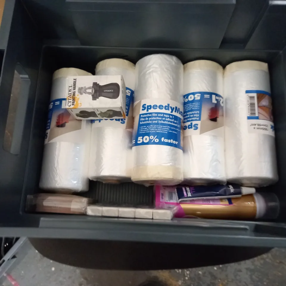 LOT OF ASSORTED HOUSEHOLD ITEMS TO INCLUDE LOGITECH MOUSE, CLAY AND TOOLS AND SPEEDY MASK PROTECTIVE SHEETS