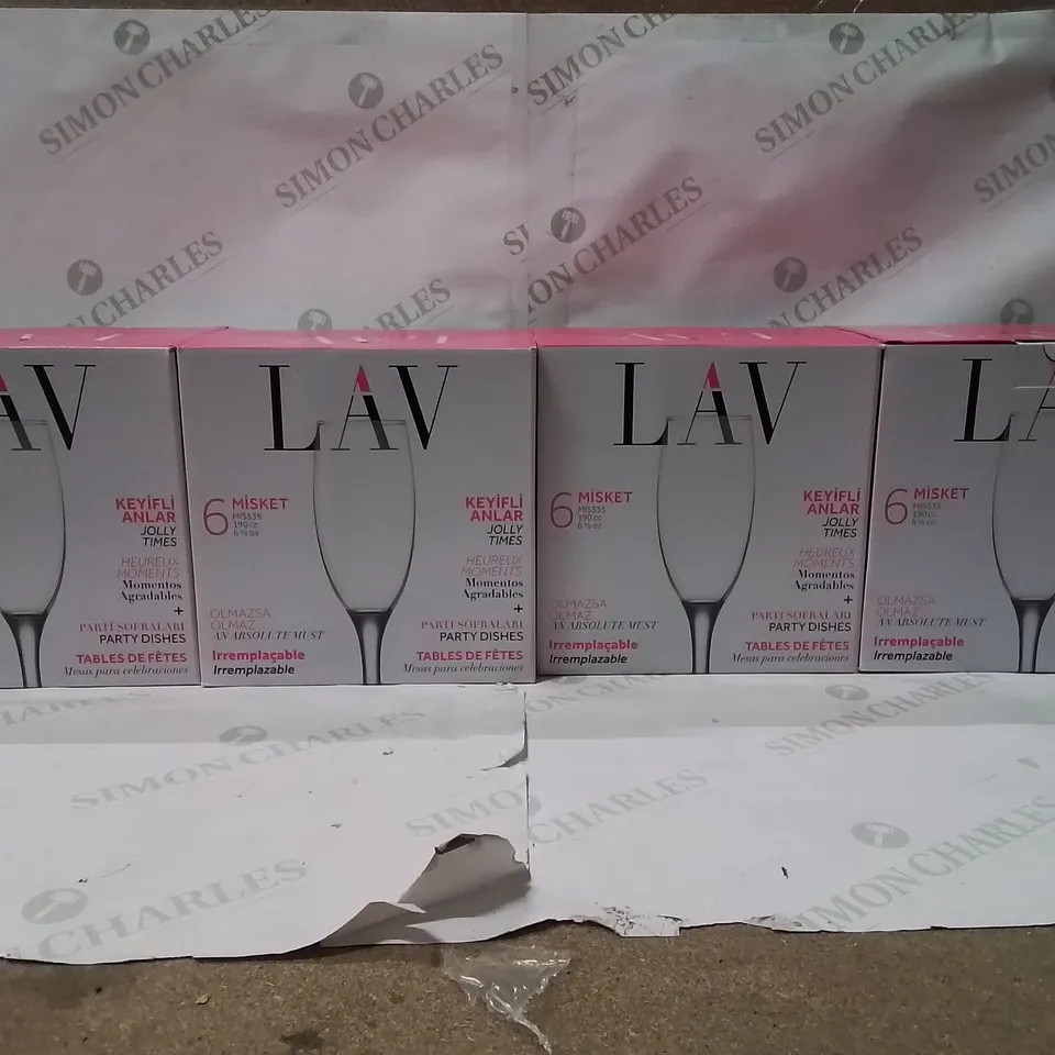 BOXED LAV MISKET WINE GLASSES SET OF 6 4 BOXES APPROXIMATELY 24 GLASSES