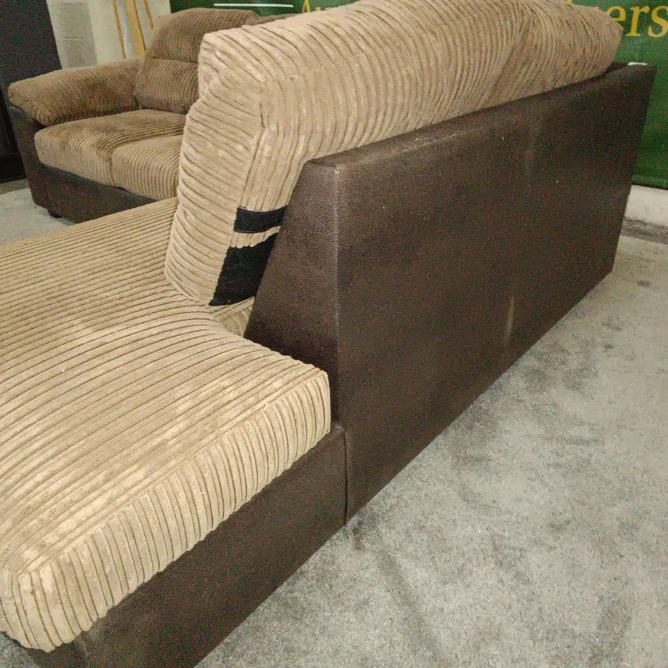 BROWN TWO-TONE JUMBO CORD & FAUX LEATHER CHAISE CORNER SOFA 