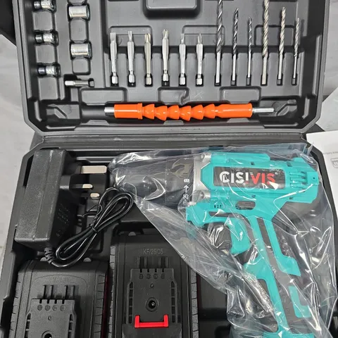 Cordless drill/driver kit in teal case – with bits, two batteries & charger 