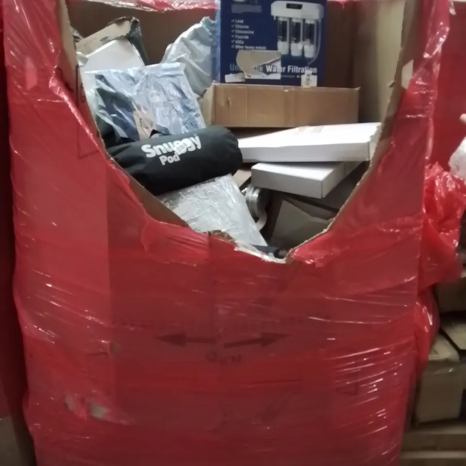 PALLET CONTAINING VARIOUS ASSORTED BOXED HOUSEHOLD ITEMS TO INCLUDE: SNUGY POD, WATER FILTRATION SYSTEM,  RETRACTABLE SAFETY GATE AND LOTS MORE UNMARKED BOXED ITEMS 
