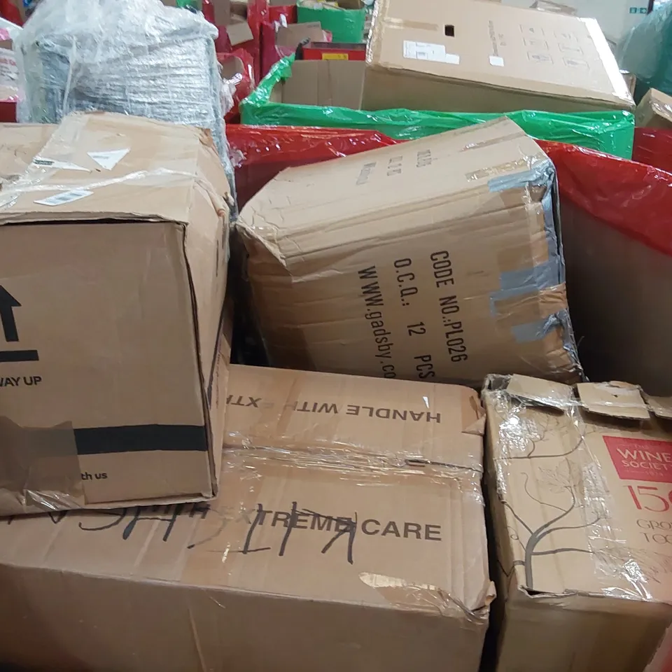 PALLET OF ASSORTED CONSUMER PRODUCTS TO INCLUDE: COOKER HOOD, OIL FILLED RADIATOR, OFFICE CHAIR, COUNTERBALANCE MONITOR ARM, PAPER SHREDDER ECT