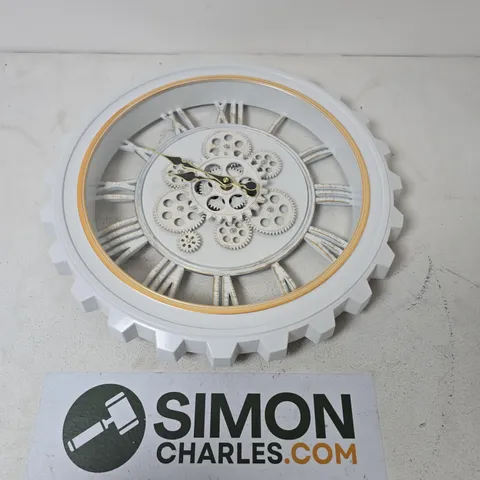 DECORATIVE WHITE GEAR WALL CLOCK WITH EXPOSED MECHANISM IN WHITE