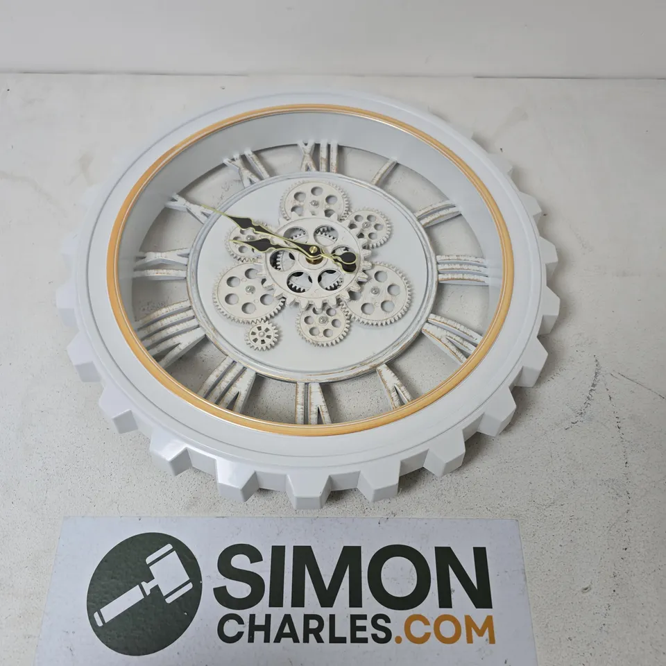 DECORATIVE WHITE GEAR WALL CLOCK WITH EXPOSED MECHANISM IN WHITE