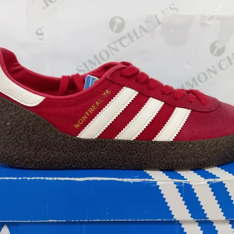 BOXED PAIR OF ADIDAS MONTREAL 76 RED TRAINERS - UK 8