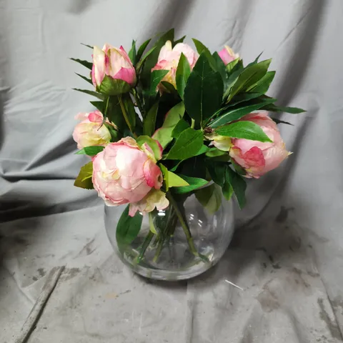 GLASS VASE WITH ARTIFICIAL PINK PEONY BOUQUET