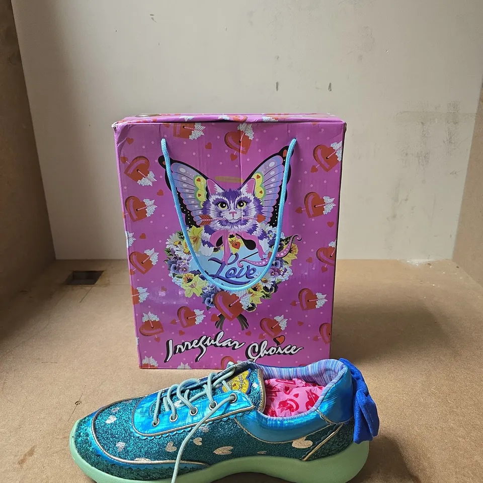 IRREGULAR CHOICE GLITTERY BLUE SNEAKERS WITH MINT GREEN SOLE –  JAZZY JANE - BOXED - EUR SIZE 42