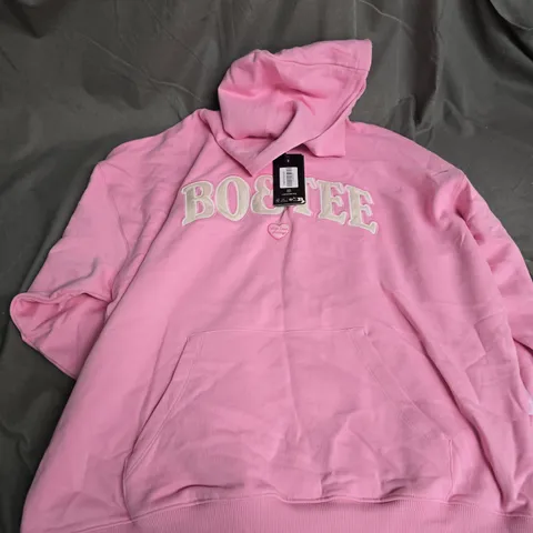 PINK HOODIE WITH WHITE LETTERING – SIZE M (BABY PINK) BOO+TEE