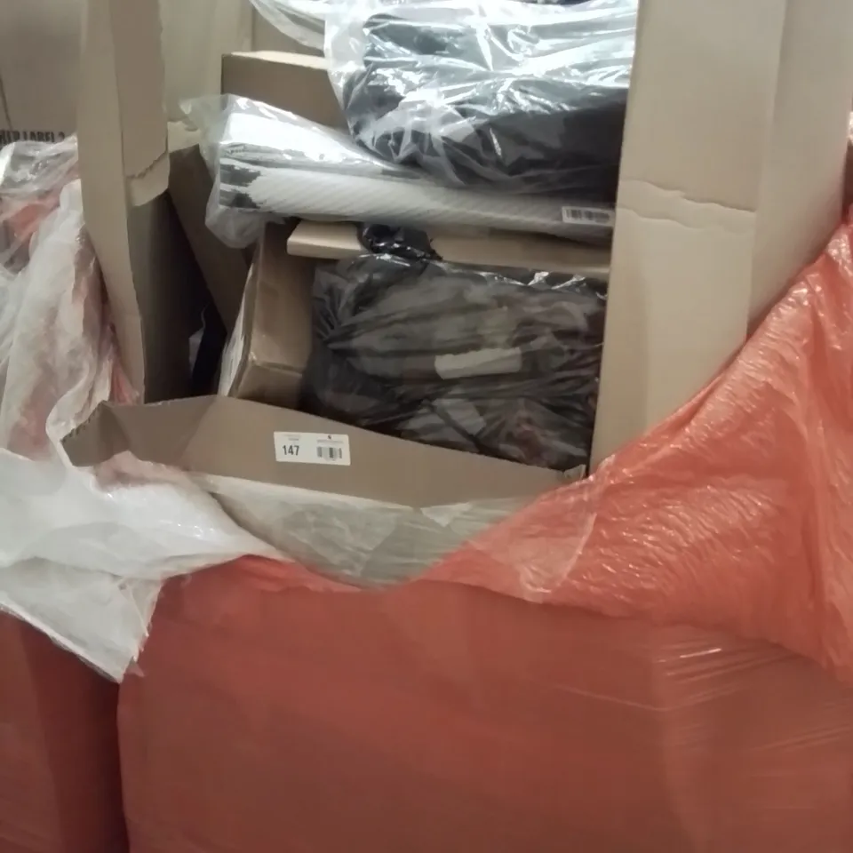 PALLET OF ASSORTED PRODUCTS, INCLUDING, PREMIUM KINGSIZE AIRBED, WORKOUT BAR, WHEELED OVERNIGHT BAG, OUTDOOR RUNNER, AIR COOLER.