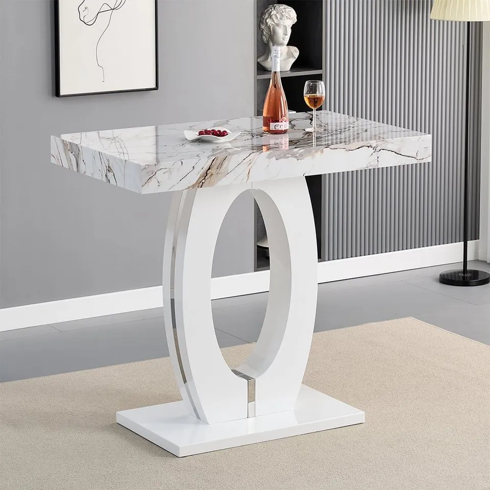 BOXED HALO BAR TABLE IN MILO MARBLE EFFECT TOP AND WHITE BASE (2 BOXES)