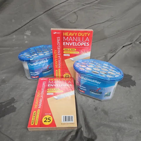 APPROXIMATELY 6 ASSORTED HOUSEHOLD ITEMS TO INCLUDE DEHUMIDIFIER 500ML, HEAVY DUTY MANILLA ENVELOPES, ETC