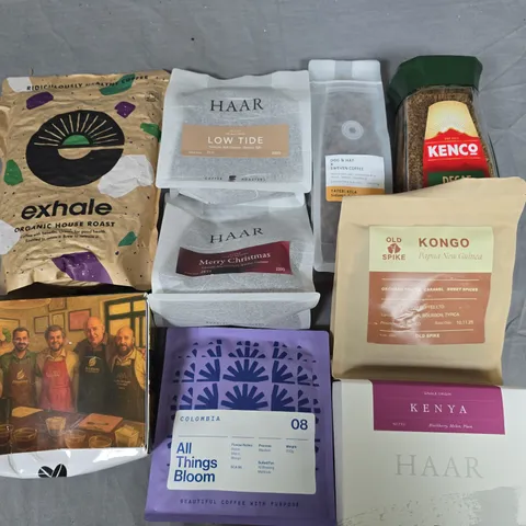 LOT OF 9 ASSORTED PACKS OF COFFEE TO INCLUDE EXHALE, HAAR AND KENCO