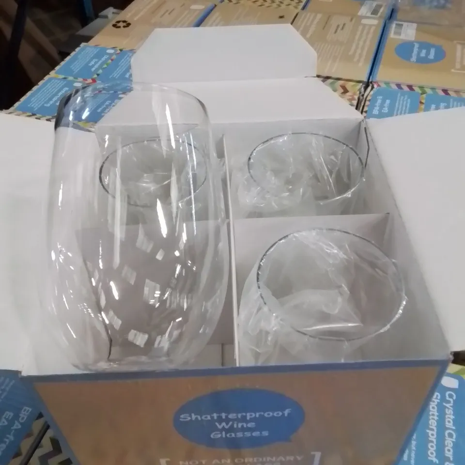 PALLET CONTAINING LARGE QUANTITY OF 4 PACKS OF BRAND NEW PLASTIC SHATTERPROOF WINE GLASSES