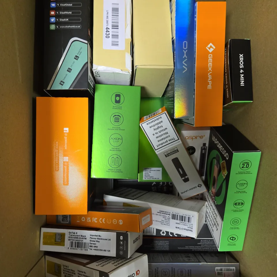 BOX OF APPROXIMATELY 18 ASSORTED E-CIGARATTES TO INCLUDE ASPIRE, VOOPOO, VAPORESSO ETC 