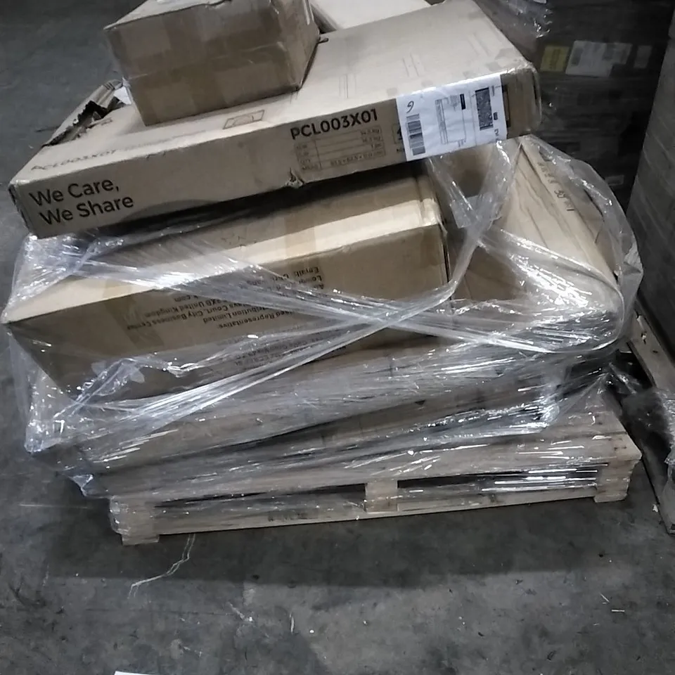 PALLET OF HOUSEHOLD ITEMS TO INCLUDE END TABLE, CAT LITTER BOX,  PLASTIC CUBE STORAGE AND OTHER ASSORTED ITEMS...