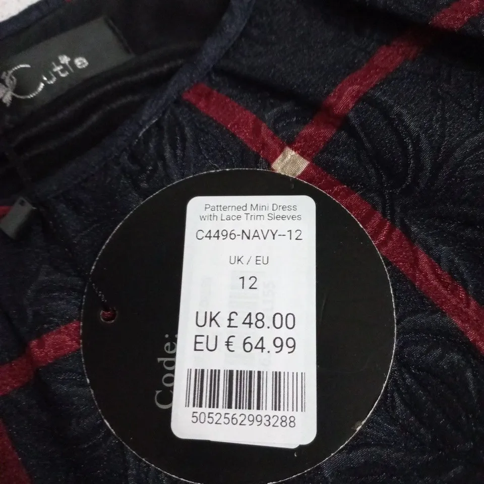 CUTIE PATTERNED NAVY MINI DRESS WITH LACE TRIM SLEEVES, UK 12
