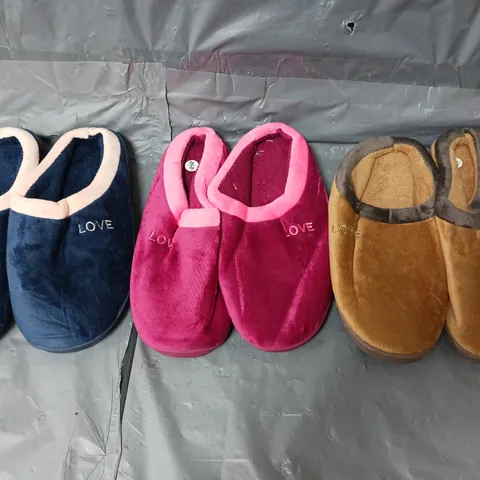 APPROXIMATELY 30 EMBROIDED 'LOVE' SLIPPERS IN VARIOUS COLOURS AND SIZES