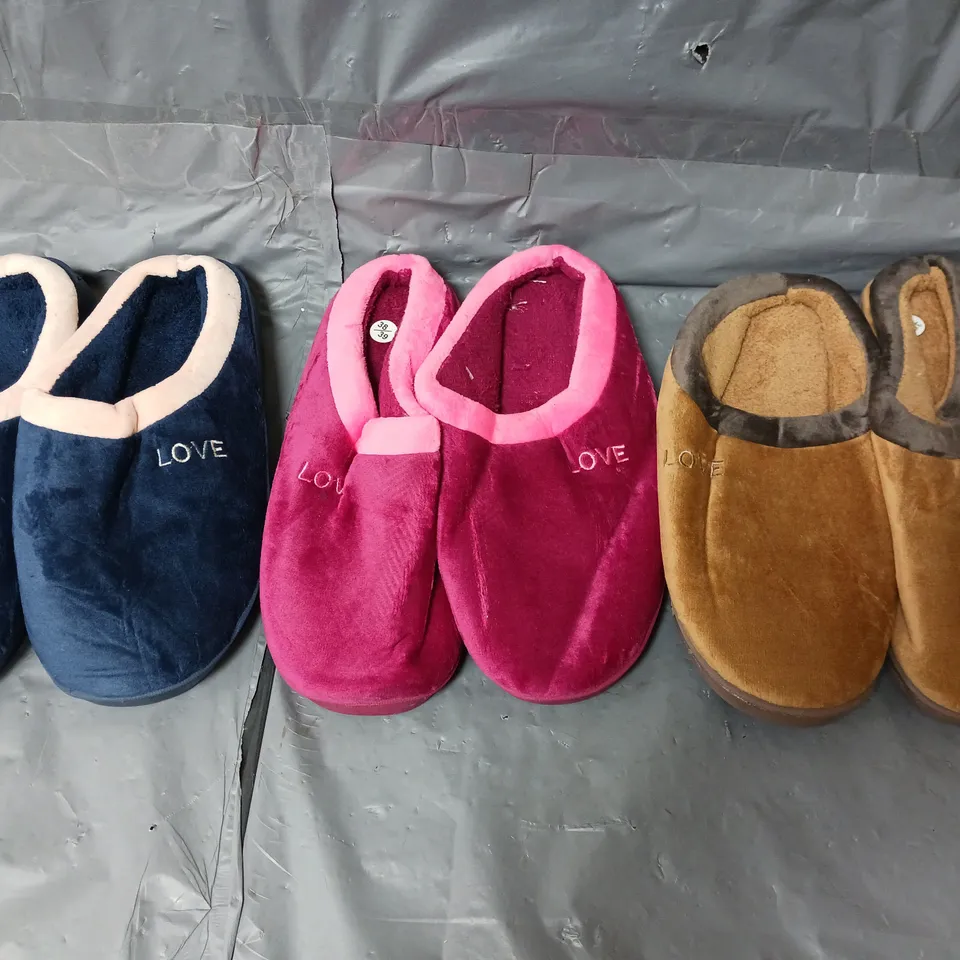 APPROXIMATELY 30 EMBROIDED 'LOVE' SLIPPERS IN VARIOUS COLOURS AND SIZES