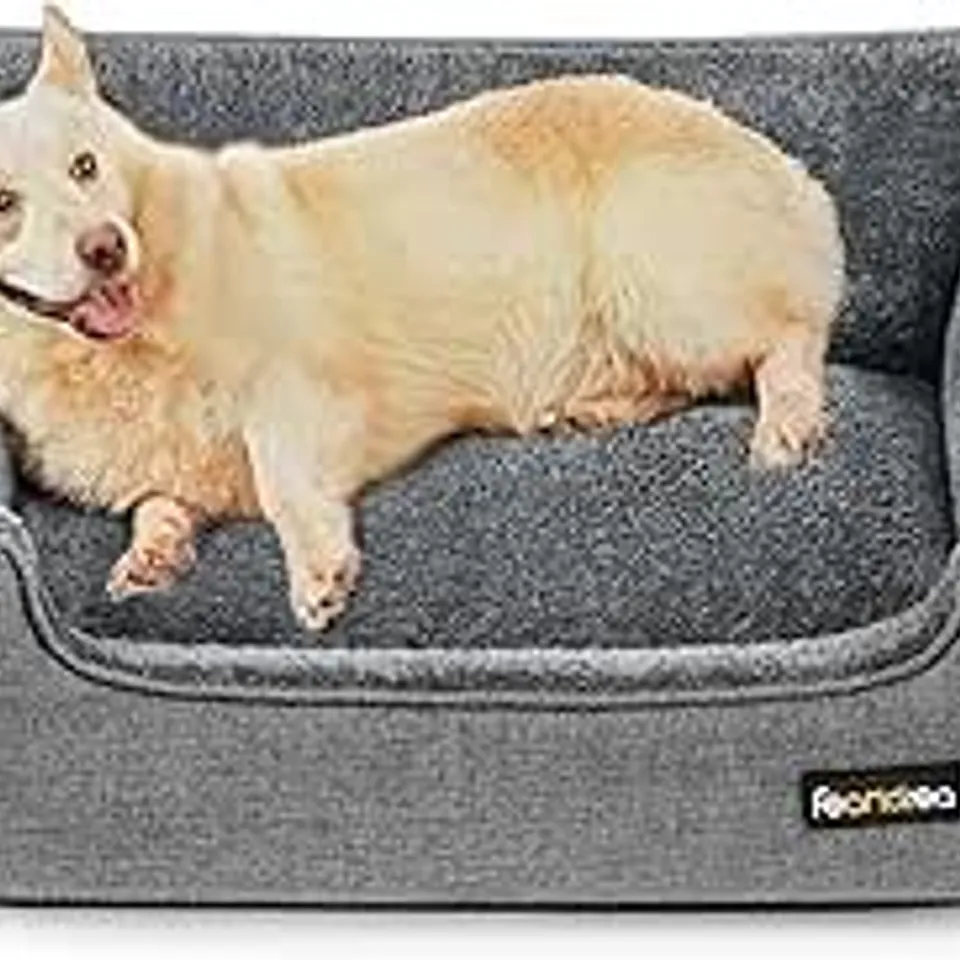 BOXED FEANDREA DOG BED, LINEN-LOOK PET BED, DOG SOFA BED WITH RAISED EDGES - LIGHT GREY 