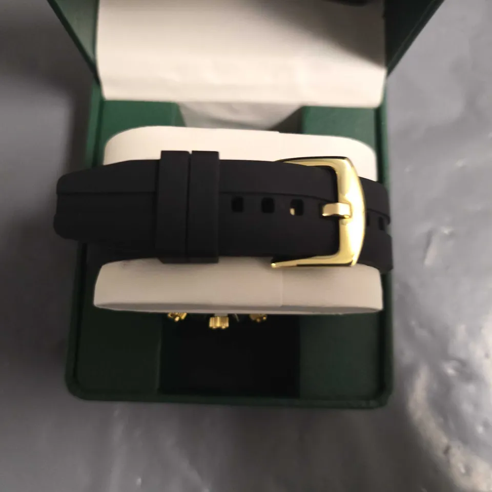 BOXED FRANK SCHMIDT MENS GOLD DIAL CHRONOGRAPH WATCH WITH BLACK RUBBER STRAP 