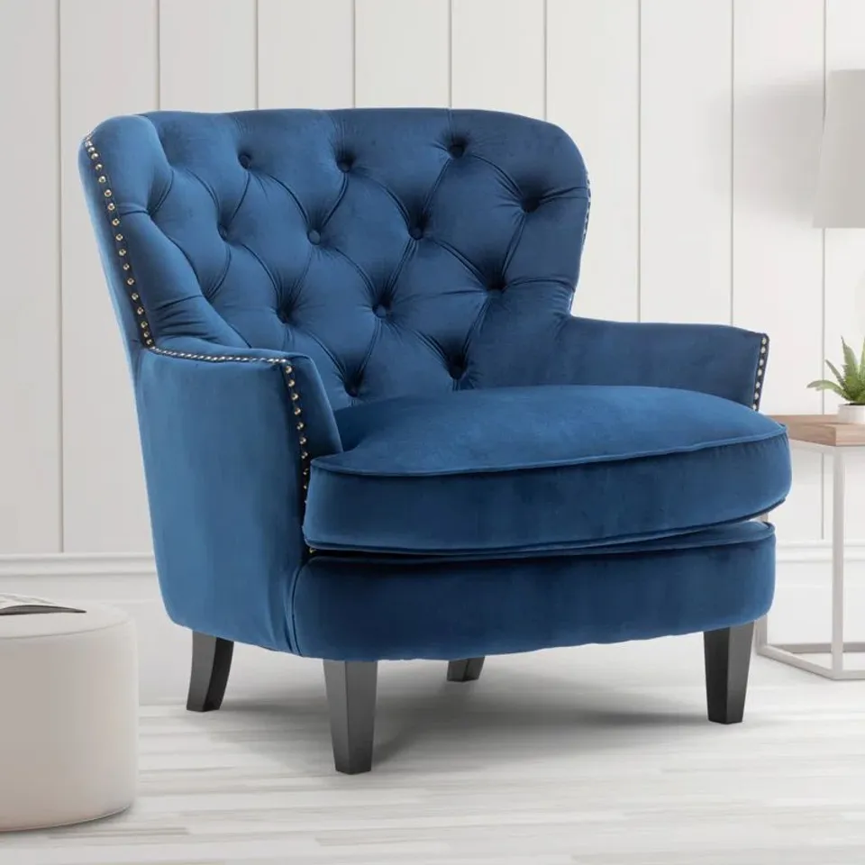 BOXED HIGGENBOTHAM VELVET WINGBACK ACCENT CHAIR WITH BUTTON-TUFTED BACK AND NAILHEAD TRIM - BLUE 