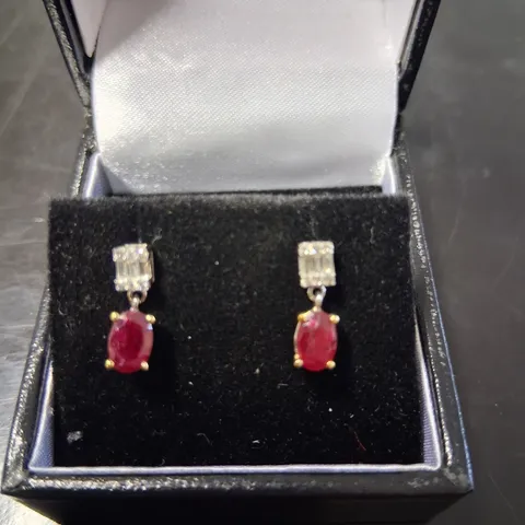 18CT GOLD DROP EARRINGS SET WITH OVAL CUT RUBY AND NATURAL DIAMONDS WEIGHING +-1.00CT