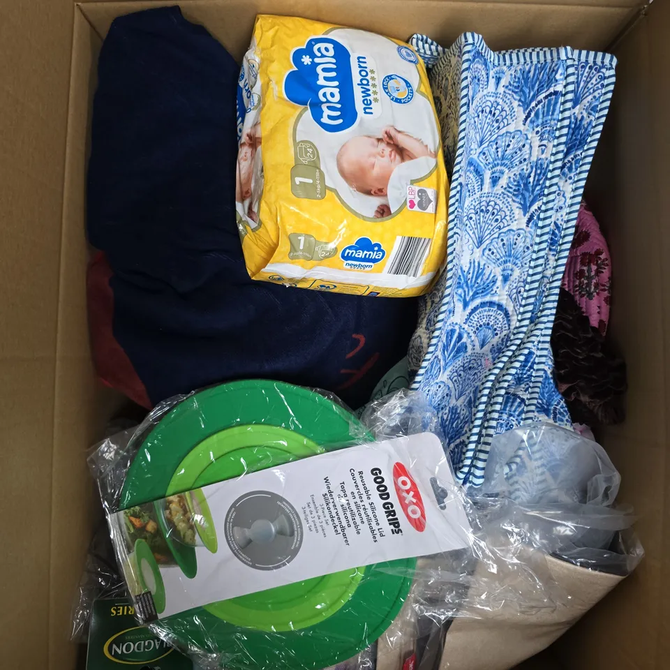 APPROXIMATELY 20 ASSORTED HOUSEHOLD PRODUCTS TO INCLUDE NAPPIES, OXO LIDS, HOME DÉCOR ETC