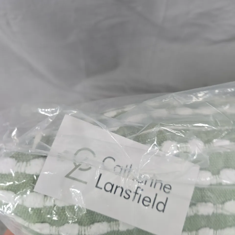 LANSFIELD DECORATIVE CUSHION – GREEN & WHITE STRIPE, IN PACKAGING