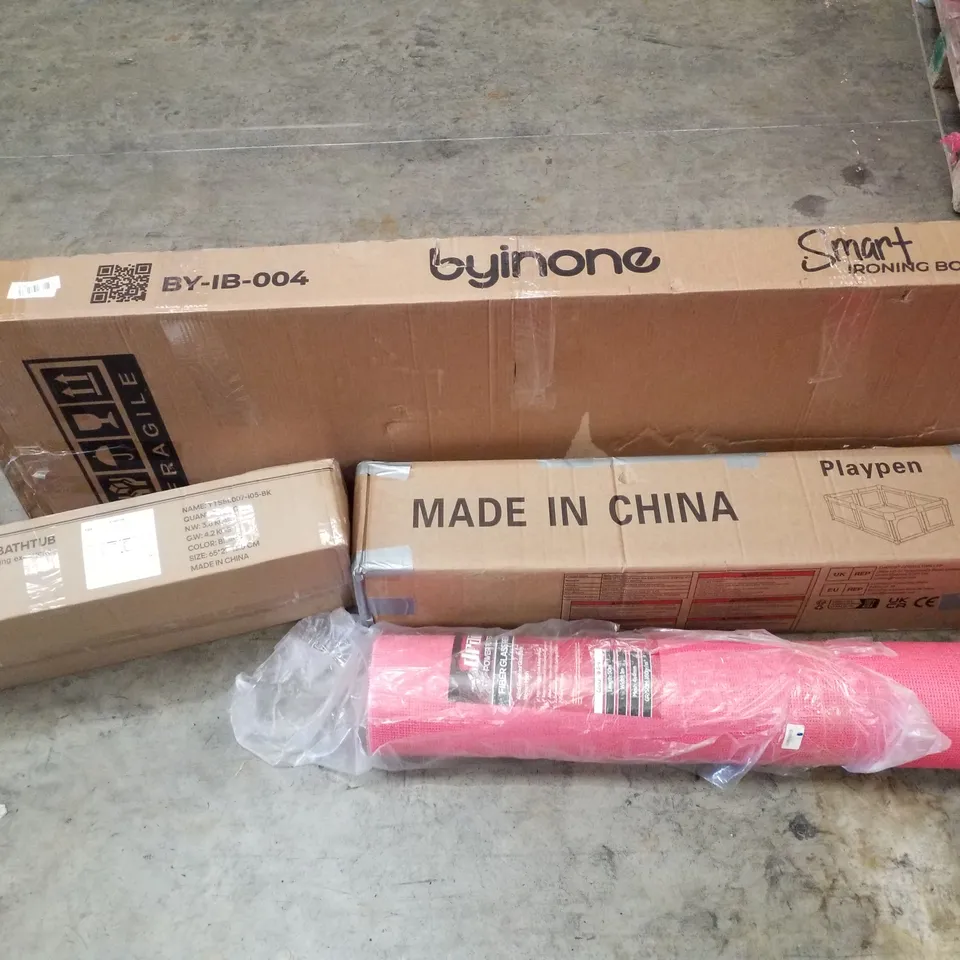 PALLET CONTAINING ASSORTED PRODUCTS INCLUDING SMART IRONING BOARD, PLAYPEN, PORTABLE ICE BATHTUB & FIBER GLASS RENDER MESH