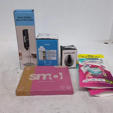 TOTE OF APPROXIMATELY 18 ASSORTED ITEMS TO INCLUDE MILK FROTHER, KLAR FILTER, DR BECKMANN SHEETS, EGG TIMER ETC
