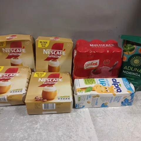 APPROXIMATELY 7 ASSORTED FOOD & DRINK ITEMS TO INCLUDE NESCAFE CAPPUCINO, SLIMFAST STRAWBERRY DRINKS, ALPRO GROWING UP DRINK, ETC