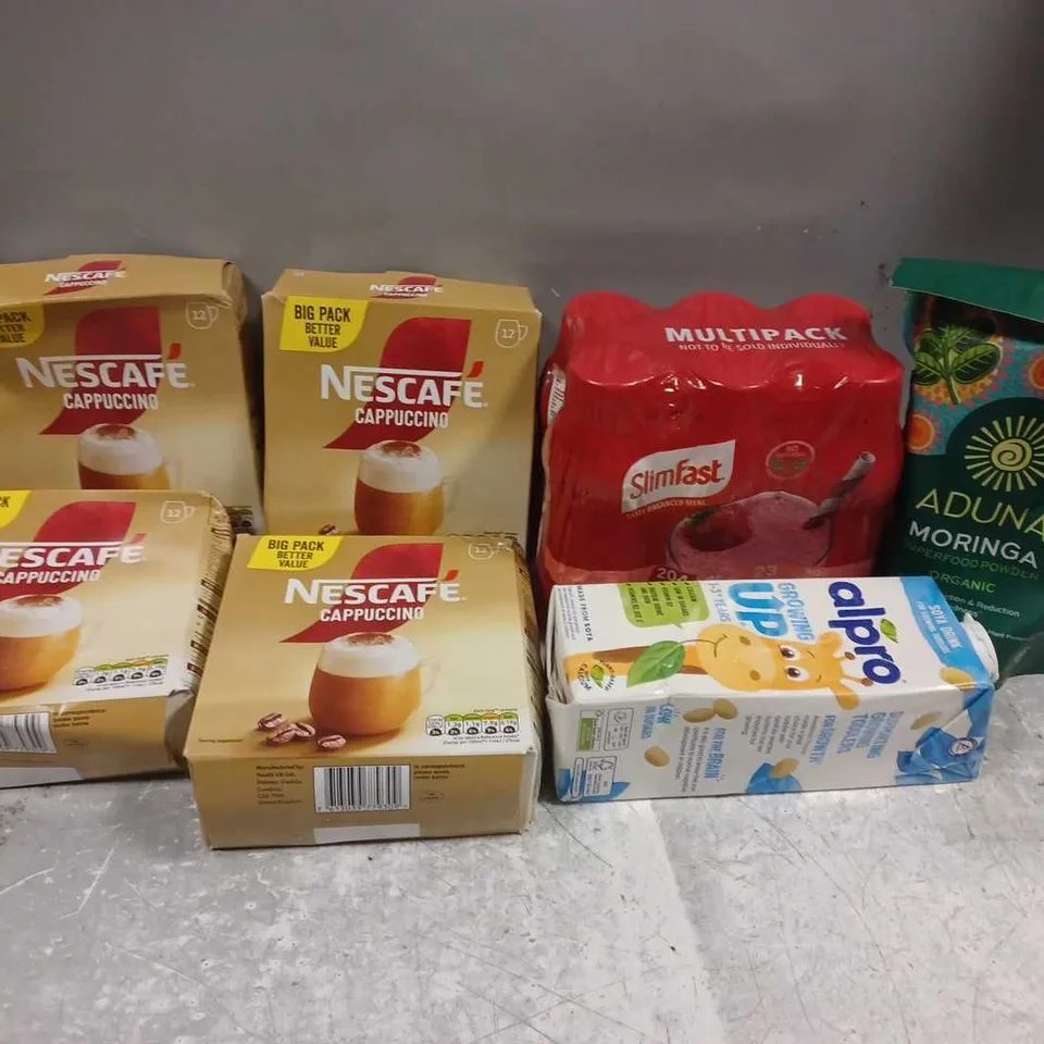 APPROXIMATELY 7 ASSORTED FOOD & DRINK ITEMS TO INCLUDE NESCAFE CAPPUCINO, SLIMFAST STRAWBERRY DRINKS, ALPRO GROWING UP DRINK, ETC