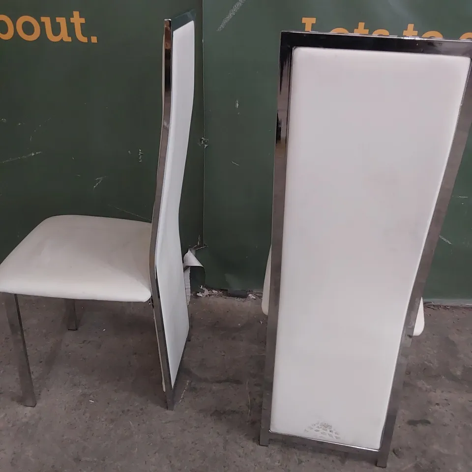PAIR OF UPHOLSTERED HIGH BACKED DINING CHAIRS CHROME FRAME WHITE PU