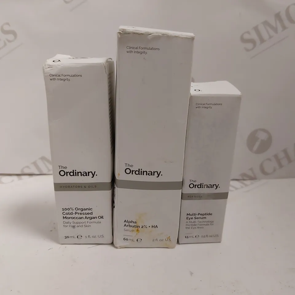3 THE ORDINARY ITEMS TO INCLUDE MULTI PEPTIDE EYE SERUM, ALPHA ARBUTIN, COLD PRESSED MOROCCAN ARGAN OIL