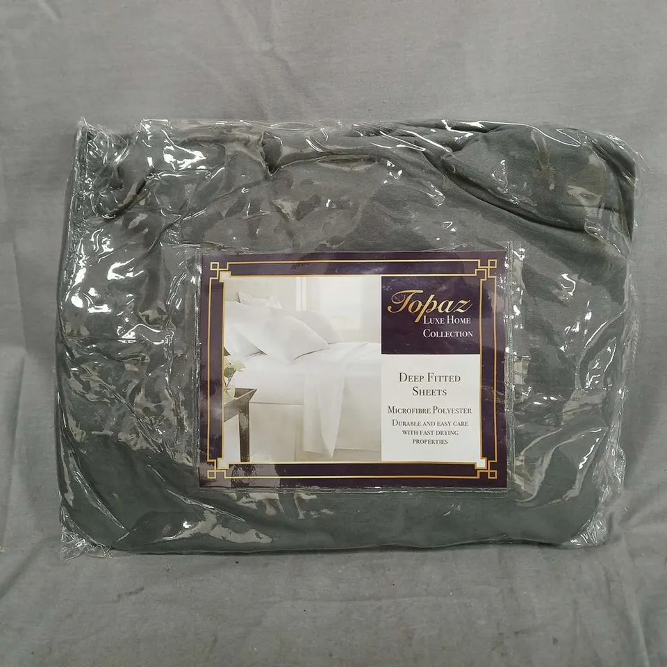 BOX OF APPROXIMATELY 18 TOPAZ HOME DOUBLE MICROFIBRE DEEP FITTED SHEETS IN GREY