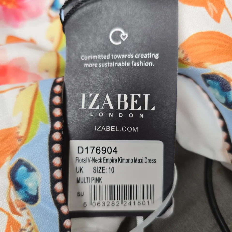 IZABEL LONDON FLORAL V-NECK EMPIRE KIMONO MAXI DRESS – UK 10, MULTI PINK