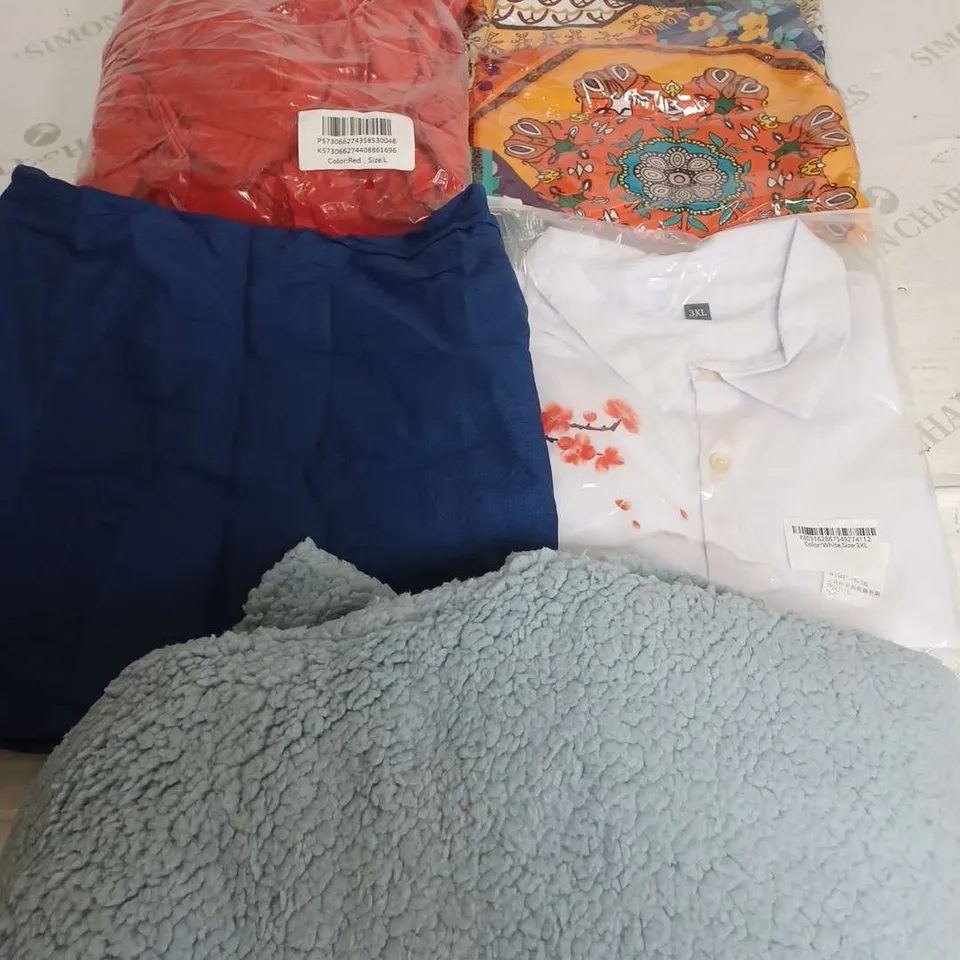 BOX OF APPROXIMATELY 22 ASSORTED CLOTHING ITEMS TO INCLUDE - SHIRT , TROUSERS , JACKET ETC
