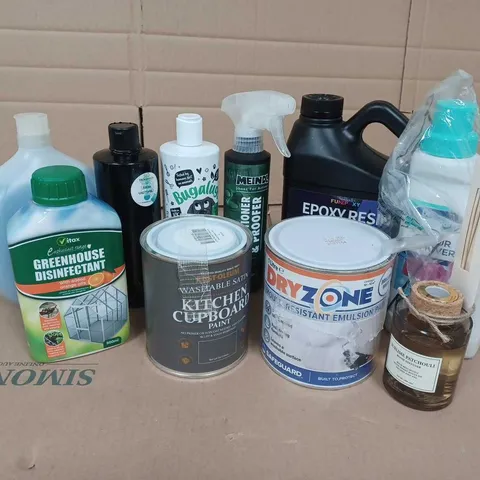 APPROXIMATELY 10 ASSORTED ITEMS TO INCLUDE EPOXY RESIN, EMULSION PAINT, KITCHEN CUPBOARD PAINT, GREENHOUSE DISINFECTANT - COLLECTION ONLY