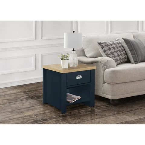 BOXED NAPANOCH SIDE TABLE WITH STORAGE - NAVY BLUE & OAK EFFECT (1 BOX)