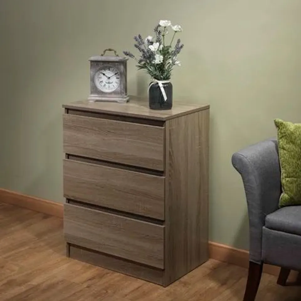 BOXED FRANCINE 3 DRAWER CHEST OF DRAWERS IN RUSTIC OAK (1 BOX)