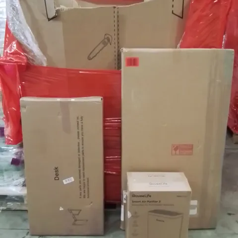 PALLET OF ASSORTED HOUSEHOLD GOODS AND PRODUCTS TO INCLUDE;DESK,AIR PURIFIER,TABLE 