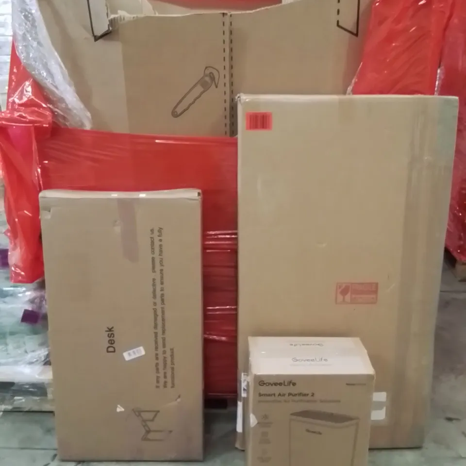 PALLET OF ASSORTED HOUSEHOLD GOODS AND PRODUCTS TO INCLUDE;DESK,AIR PURIFIER,TABLE 