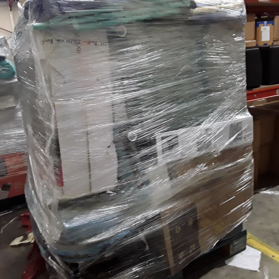 PALLET OF ASSORTED HOUSEHOLD GOODS AND PRODUCTS TO INCLUDES:CHILDREN'S CAR SEAT,VACUUM CLEANER,PARASOL BASE,SUITCASE,YOGA MATTS