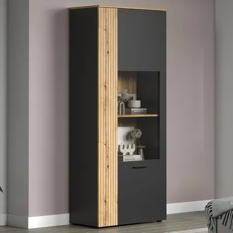 BRAND NEW BOXED ESTERO WOODEN DISPLAY CABINET WITH 2 DOORS IN ANTHRACITE AND OAK (2 BOXES)