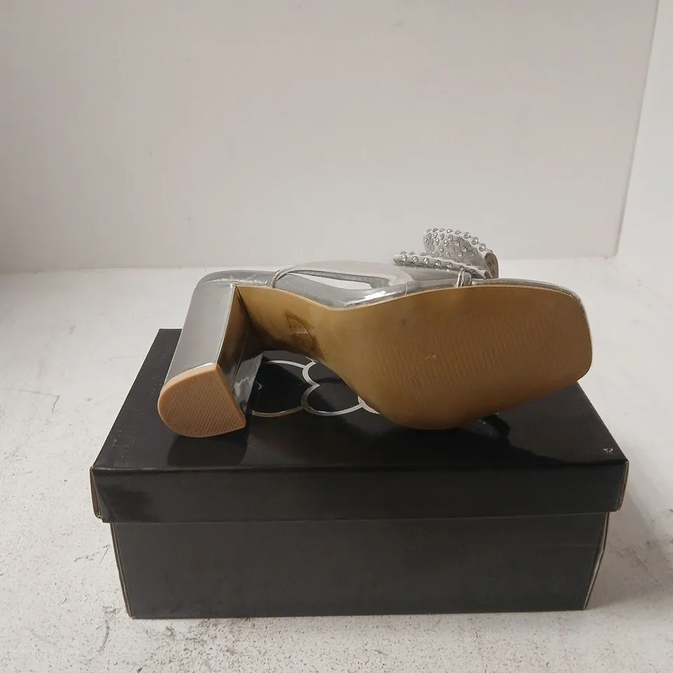 WOMEN'S SILVER RHINESTONE BOW SANDALS – OPEN-TOE HEELS, UK SIZE 8