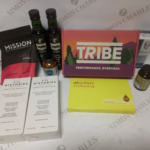 BOX OF APPROXIMATELY 30 ASSORTED FOOD AND DRINK ITEMS TO INCLUDE MISSION RECOVER TEA, ABSOLUTE COLLAGEN, MAGNESIUM BISGLYCINATE ETC