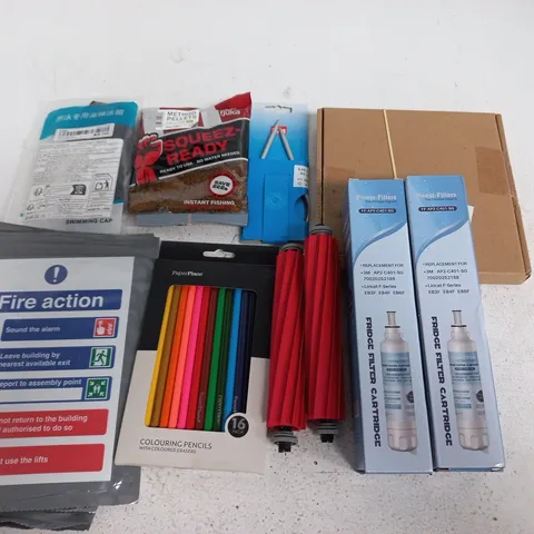 LOT OF APPROXIMATELY 20 ASSORTED HOUSEHOLD ITEMS TO INCLUDE FIRE EXIT SIGNS, FRIDGE FILTERS AND FISH PELLETS
